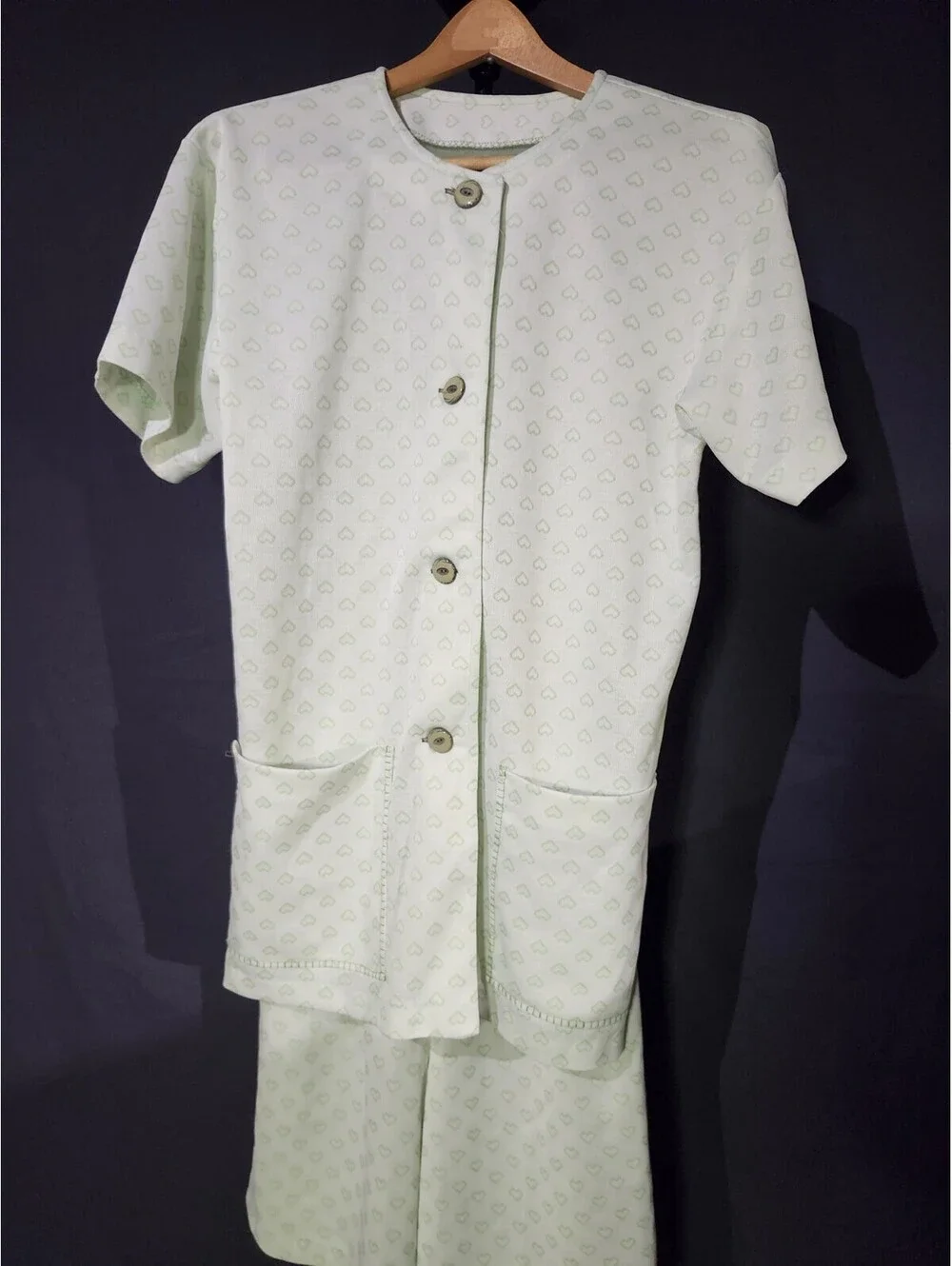 Women’s L Handmade 2pc Pajama Set Green/White Hearts Button-Front And 4 Pockets